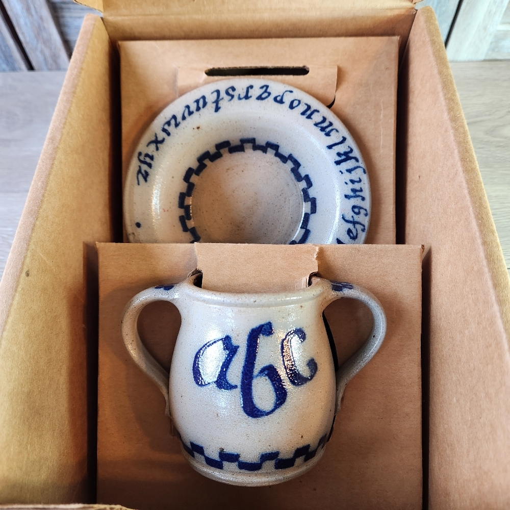Rowe Pottery ABC and 123 Alphabet Double Handled Cup and Bowl Set Original Box